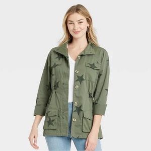 Knox Rose Olive Green Star Print Utility Jacket - Size Large
